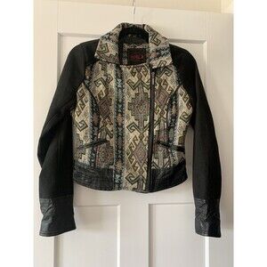YOKI Aztec Wool Black Tapestry Jacket Womens Size Small Zip Moto - Flaw